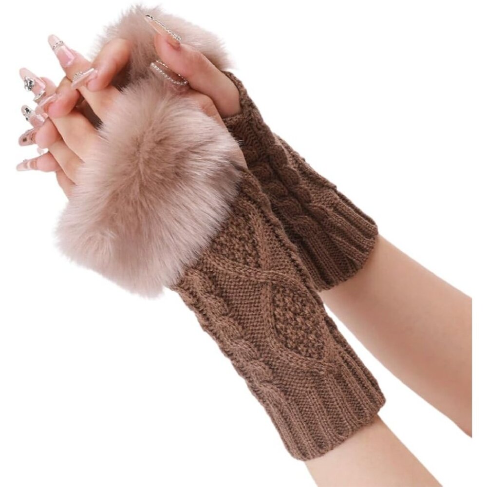 Women's 2-Pairs Khaki Fluffy Fur Crochet Arm Warmers Thumb Hole Wrist Gloves